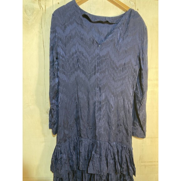 Vintage 80s Argenti 100% Silk Blue Patterned Midi Dress Elegant Drop Waist Sz 14 - Picture 6 of 9